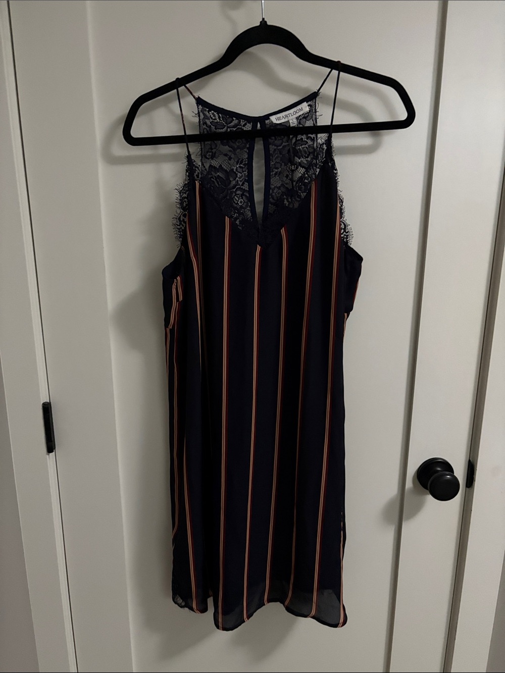 Lace-Trim Striped Slip Dress - Navy with Rust Stripes